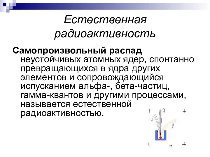 Естественная радиоактивность Самопроизвольный распад неустойчивых атомных ядер, спонтанно превращающихся в ядра