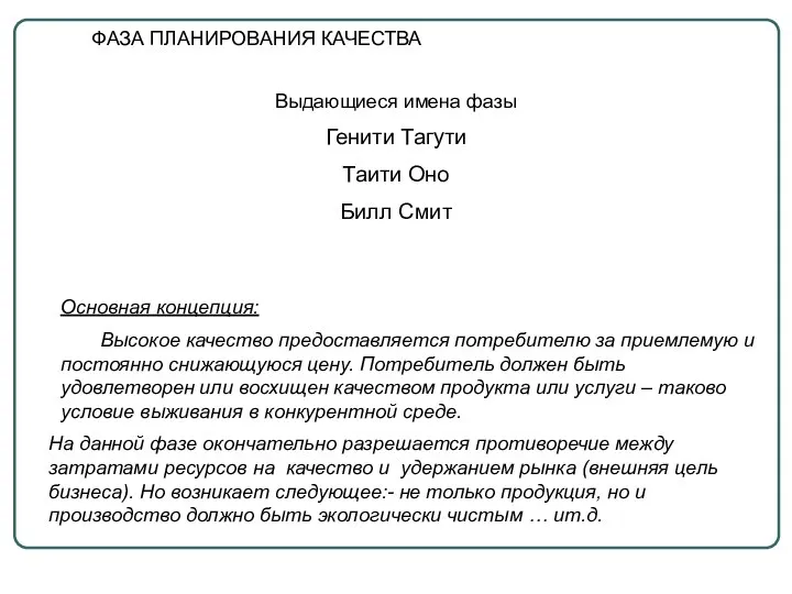 ФАЗА ПЛАНИРОВАНИЯ КАЧЕСТВА Выдающиеся имена фазы Генити Тагути Таити Оно Билл