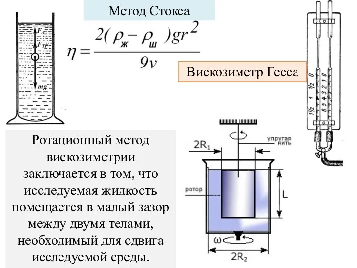 Метод Стокса Вискозиметр Гесса Ротационный метод вискозиметрии заключается в том, что