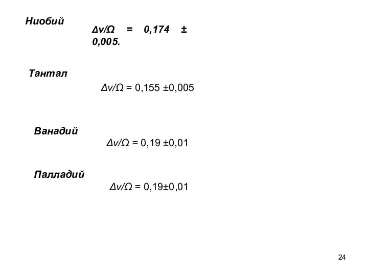 Δv/Ω = 0,174 ± 0,005. Ниобий Тантал Δv/Ω = 0,155 ±0,005