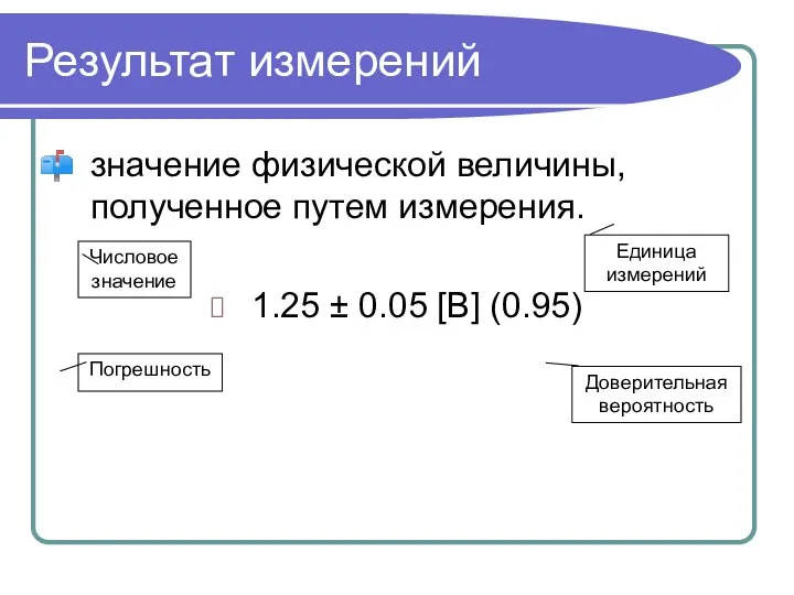 Результат измерений значение физической величины, полученное путем измерения. 1.25 ± 0.05