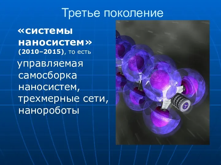 Третье поколение «системы наносистем» (2010–2015), то есть управляемая самосборка наносистем, трехмерные сети, нанороботы