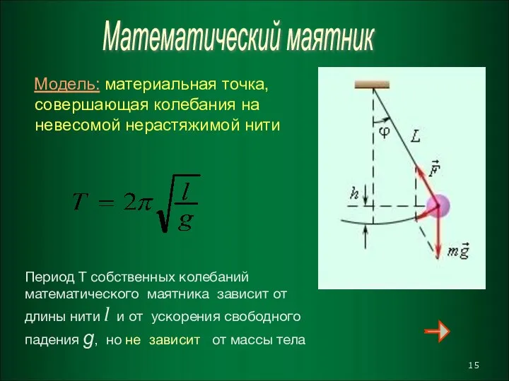 Математический маятник Модель: материальная точка, совершающая колебания на невесомой нерастяжимой нити