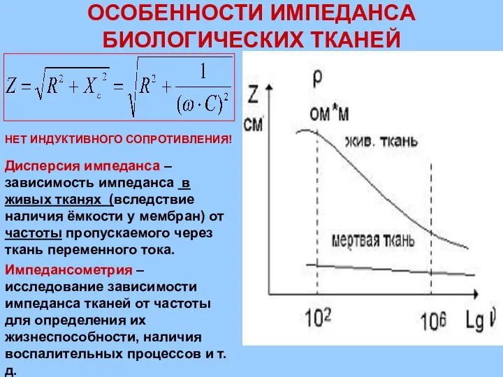 ОСОБЕННОСТИ ИМПЕДАНСА БИОЛОГИЧЕСКИХ ТКАНЕЙ НЕТ ИНДУКТИВНОГО СОПРОТИВЛЕНИЯ! Дисперсия импеданса – зависимость