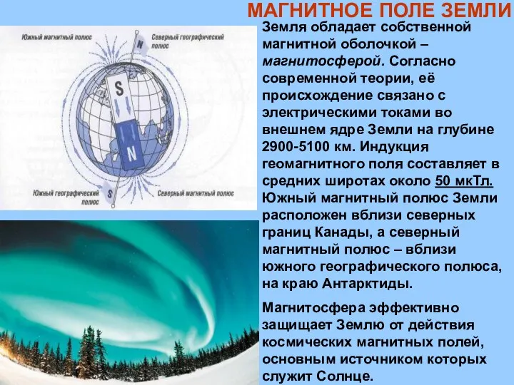 МАГНИТНОЕ ПОЛЕ ЗЕМЛИ Земля обладает собственной магнитной оболочкой – магнитосферой. Согласно