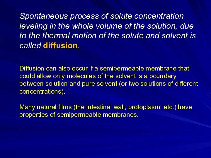 Spontaneous process of solute concentration leveling in the whole volume of