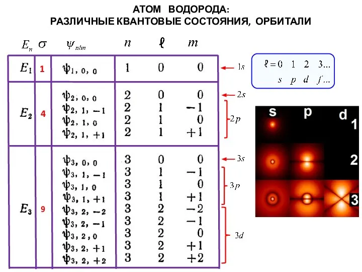 1 4 9 АТОМ ВОДОРОДА: РАЗЛИЧНЫЕ КВАНТОВЫЕ СОСТОЯНИЯ, ОРБИТАЛИ