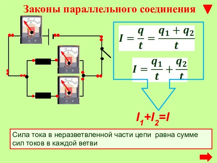 Сила тока в неразветвленной части цепи равна сумме сил токов в