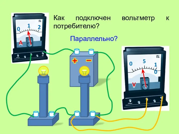 Как подключен вольтметр к потребителю? Параллельно?