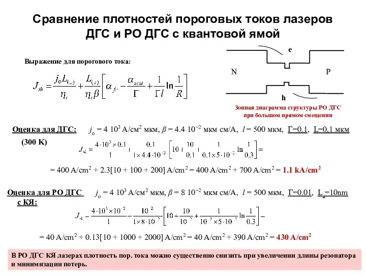 Сравнение плотностей пороговых токов лазеров ДГС и РО ДГС с квантовой ямой