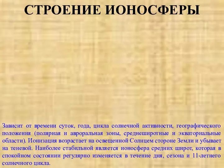 СТРОЕНИЕ ИОНОСФЕРЫ Зависит от времени суток, года, цикла солнечной активности, географического