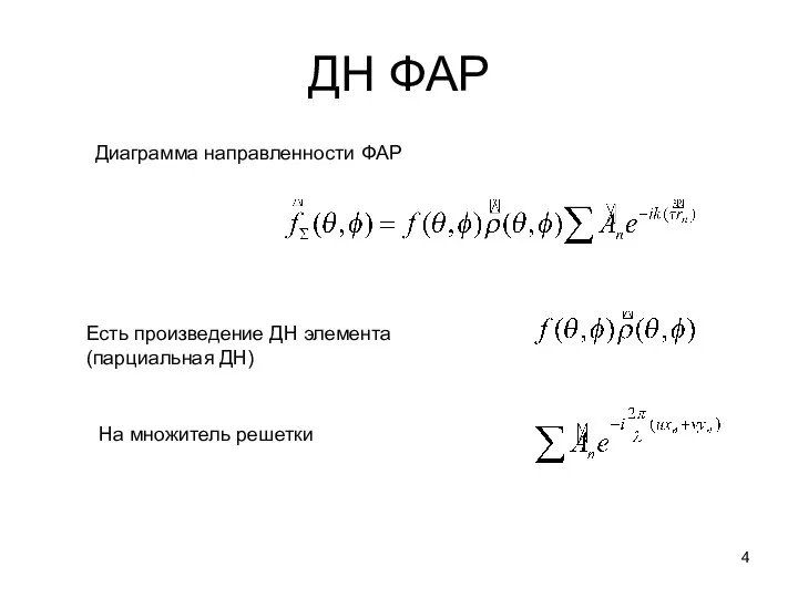 ДН ФАР Диаграмма направленности ФАР Есть произведение ДН элемента (парциальная ДН) На множитель решетки