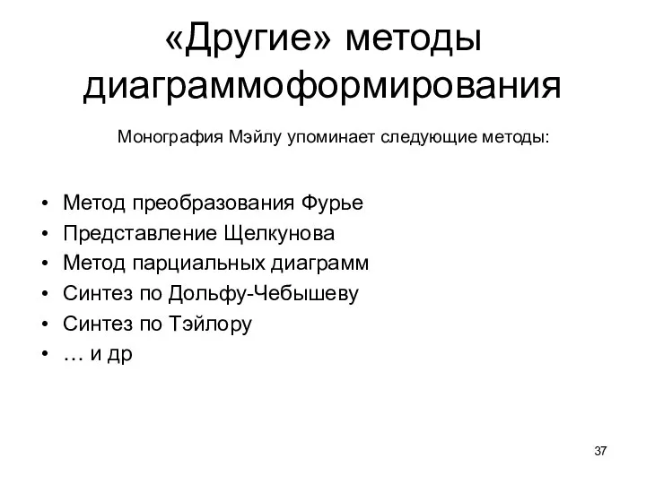 «Другие» методы диаграммоформирования Метод преобразования Фурье Представление Щелкунова Метод парциальных диаграмм