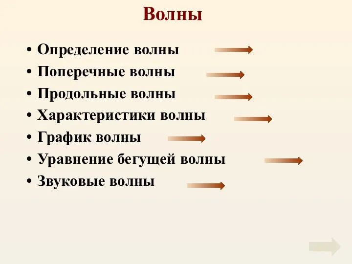 Волны Определение волны Поперечные волны Продольные волны Характеристики волны График волны Уравнение бегущей волны Звуковые волны