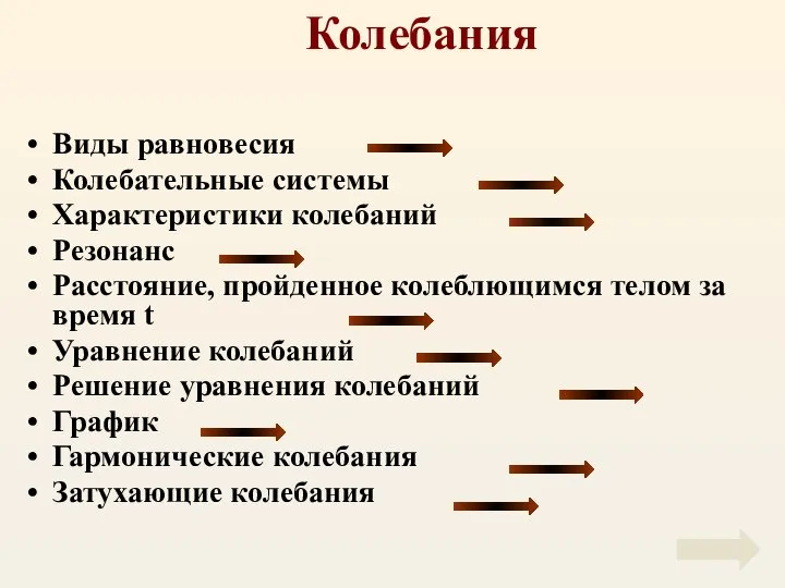 Колебания Виды равновесия Колебательные системы Характеристики колебаний Резонанс Расстояние, пройденное колеблющимся