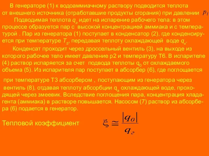 В генераторе (1) к водоаммиачному раствору подводится теплота от внешнего источника