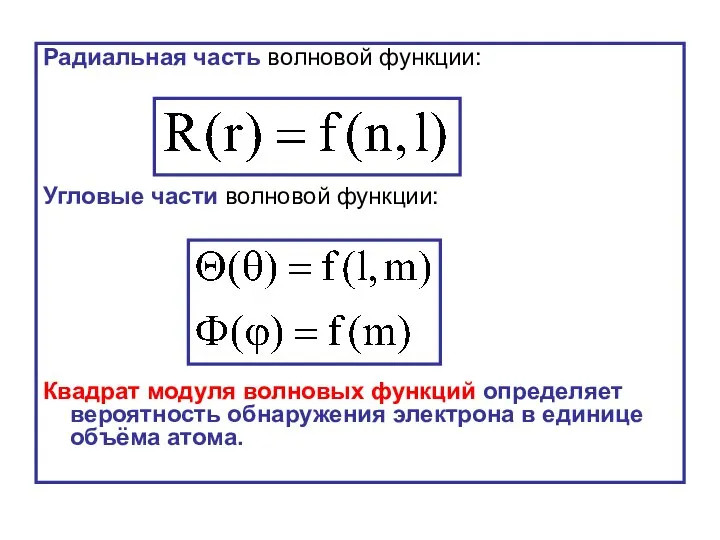 Радиальная часть волновой функции: Угловые части волновой функции: Квадрат модуля волновых