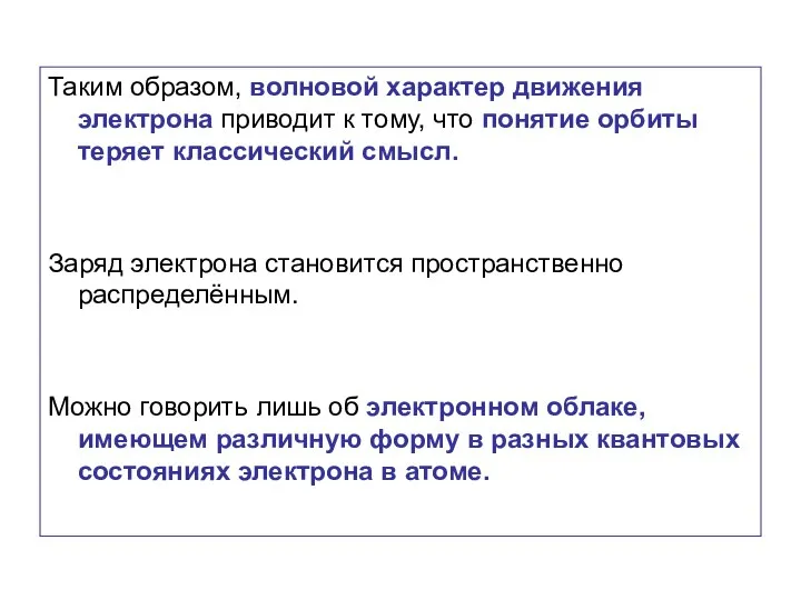 Таким образом, волновой характер движения электрона приводит к тому, что понятие