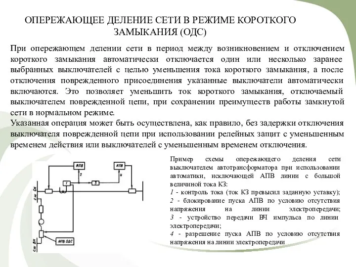 ОПЕРЕЖАЮЩЕЕ ДЕЛЕНИЕ СЕТИ В РЕЖИМЕ КОРОТКОГО ЗАМЫКАНИЯ (ОДС) При опережающем делении