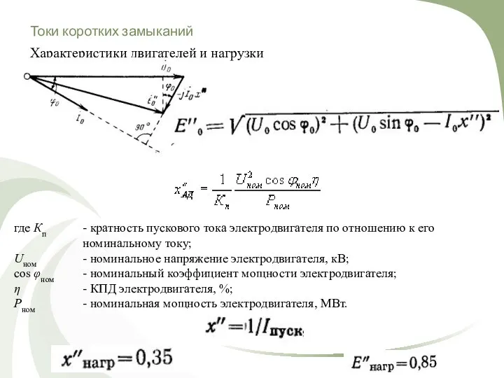 Токи коротких замыканий Характеристики двигателей и нагрузки