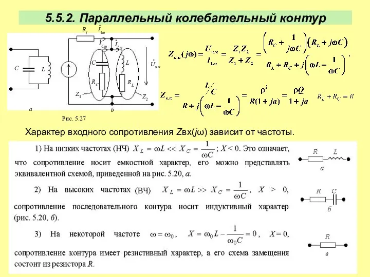 5.5.2. Параллельный колебательный контур Характер входного сопротивления Zвх(jω) зависит от частоты.