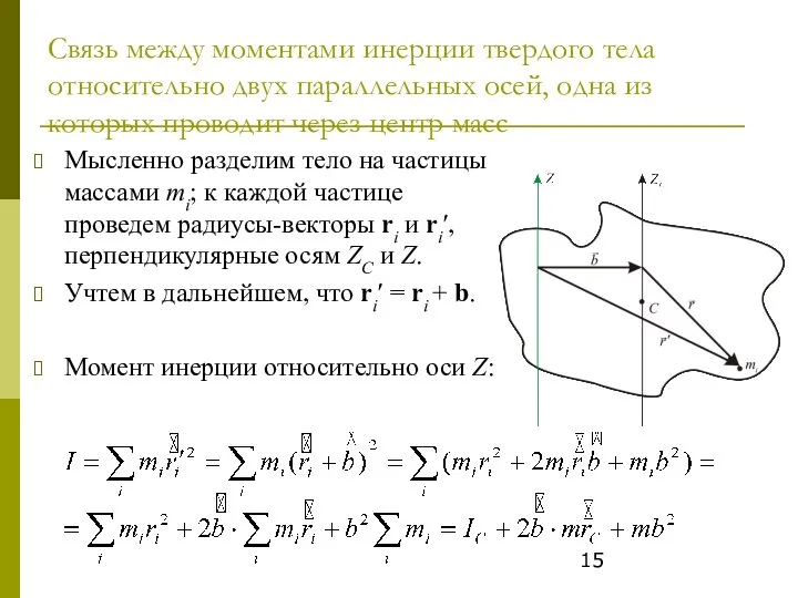 Связь между моментами инерции твердого тела относительно двух параллельных осей, одна