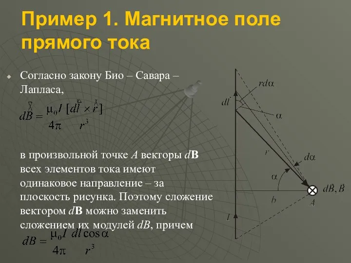 Пример 1. Магнитное поле прямого тока Согласно закону Био – Савара