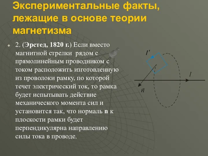 Экспериментальные факты, лежащие в основе теории магнетизма 2. (Эрстед, 1820 г.)