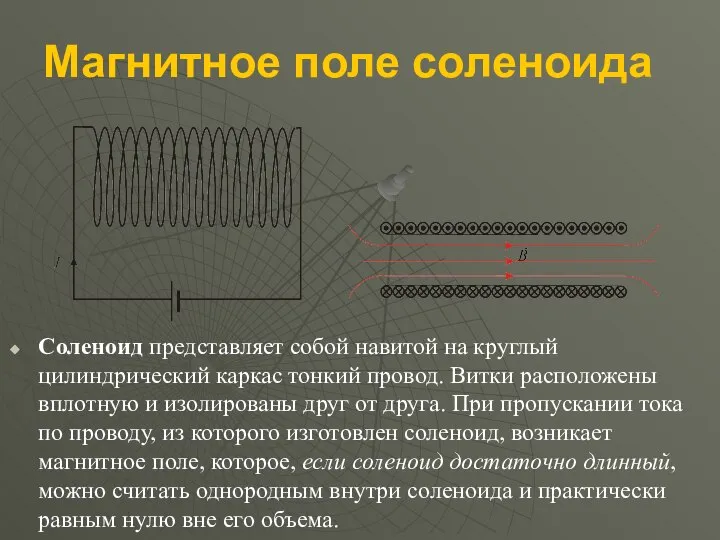 Магнитное поле соленоида Соленоид представляет собой навитой на круглый цилиндрический каркас