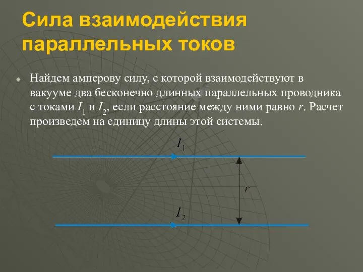 Сила взаимодействия параллельных токов Найдем амперову силу, с которой взаимодействуют в