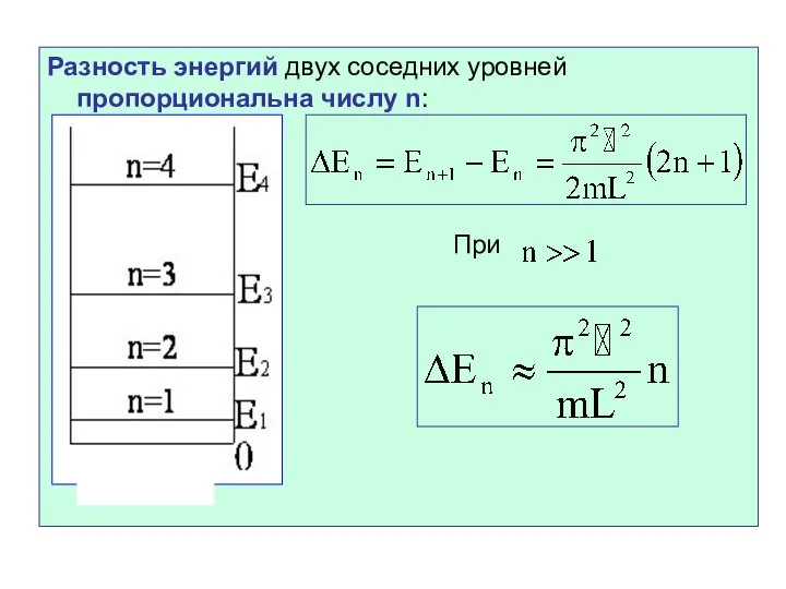 Разность энергий двух соседних уровней пропорциональна числу n: При