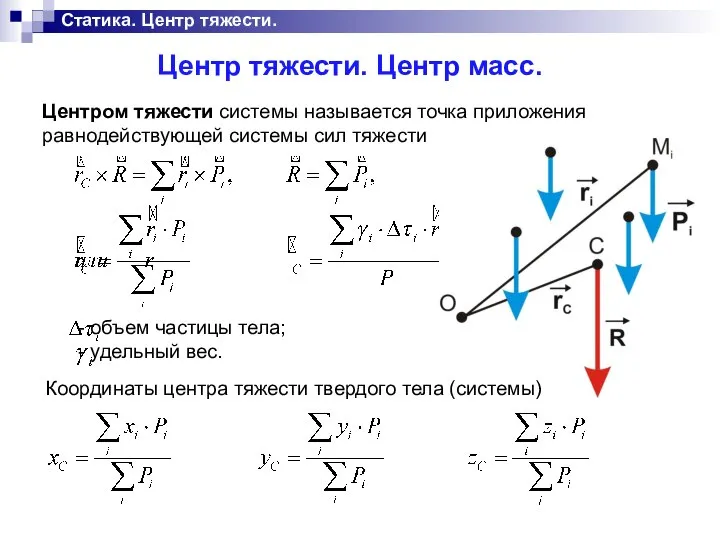 Статика. Центр тяжести. Центр тяжести. Центр масс. Центром тяжести системы называется