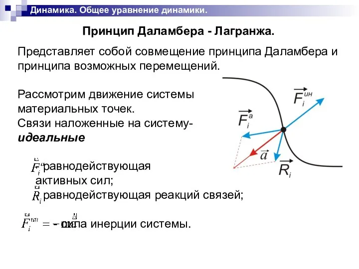 Динамика. Общее уравнение динамики. Принцип Даламбера - Лагранжа. Представляет собой совмещение