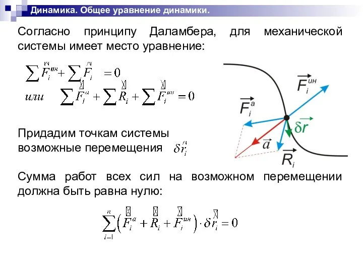 Динамика. Общее уравнение динамики. Согласно принципу Даламбера, для механической системы имеет