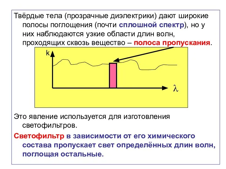 Твёрдые тела (прозрачные диэлектрики) дают широкие полосы поглощения (почти сплошной спектр),