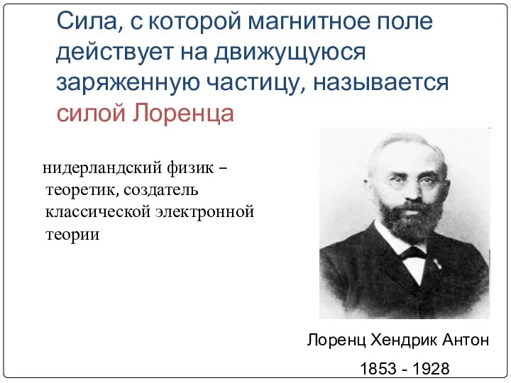 Сила, с которой магнитное поле действует на движущуюся заряженную частицу, называется