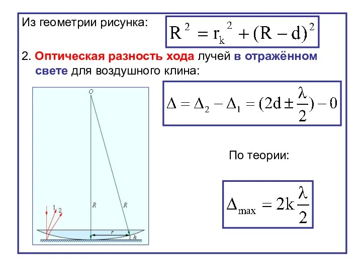 Из геометрии рисунка: 2. Оптическая разность хода лучей в отражённом свете для воздушного клина: По теории: