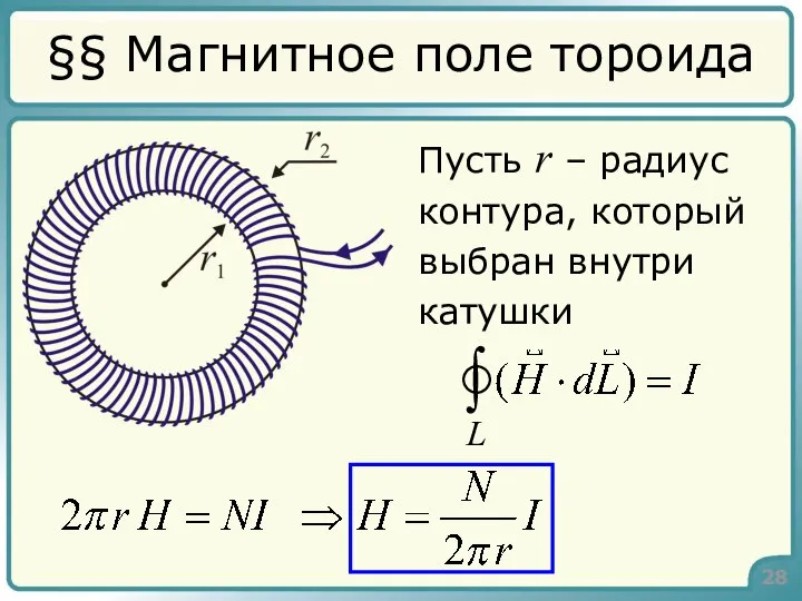 §§ Магнитное поле тороида Пусть r – радиус контура, который выбран внутри катушки 28