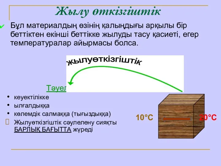 Бұл материалдың өзінің қалыңдығы арқылы бір беттіктен екінші беттікке жылуды тасу