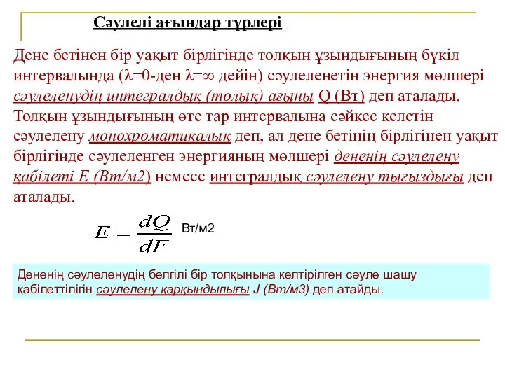 Вт/м2 Дене бетінен бір уақыт бірлігінде толқын ұзындығының бүкіл интервалында (λ=0-ден