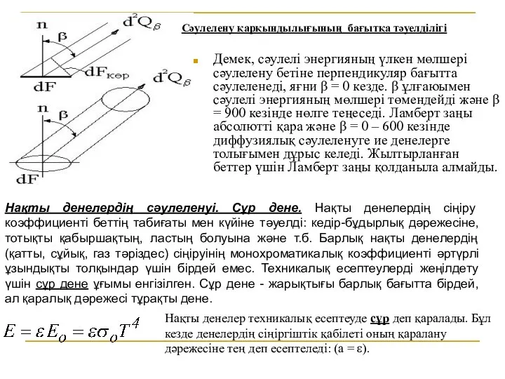 Демек, сәулелі энергияның үлкен мөлшері сәулелену бетіне перпендикуляр бағытта сәулеленеді, яғни