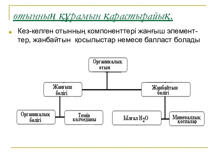 отынның құрамын қарастырайық. Кез-келген отынның компоненттері жанғыш элемент-тер, жанбайтын қосылыстар немесе балласт болады