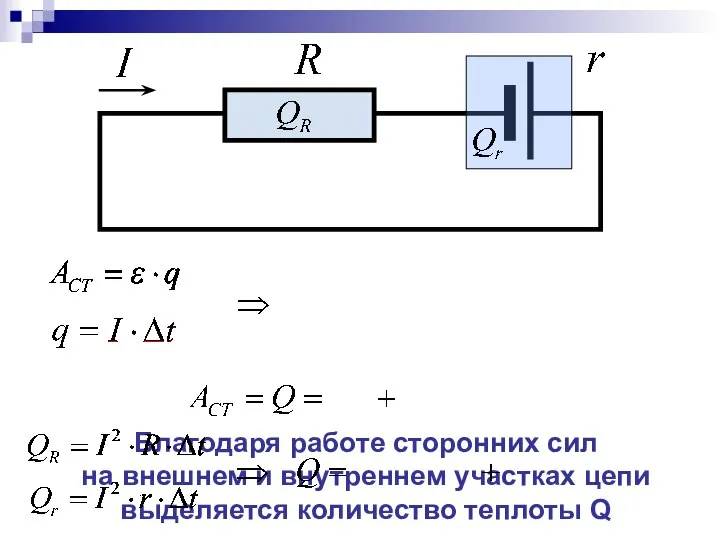 Благодаря работе сторонних сил на внешнем и внутреннем участках цепи выделяется количество теплоты Q