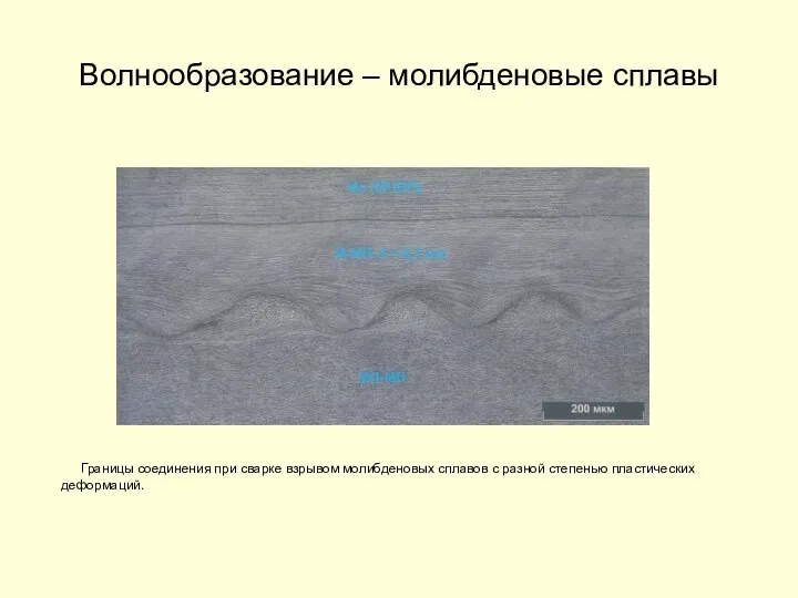 Волнообразование – молибденовые сплавы Границы соединения при сварке взрывом молибденовых сплавов с разной степенью пластических деформаций.