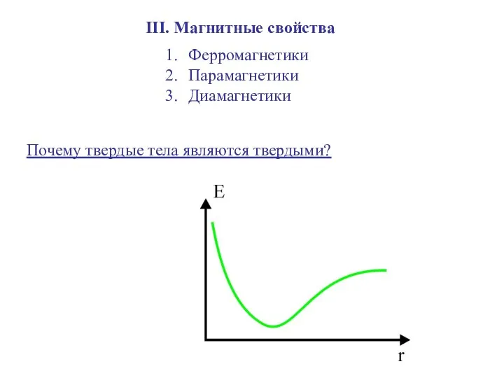 III. Магнитные свойства Ферромагнетики Парамагнетики Диамагнетики Почему твердые тела являются твердыми?