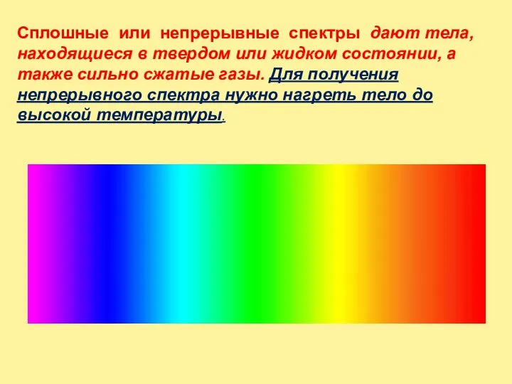 Cплошные или непрерывные спектры дают тела, находящиеся в твердом или жидком