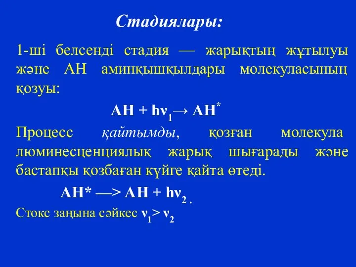 Стадиялары: 1-ші белсенді стадия — жарықтың жұтылуы және АН аминқышқылдары молекуласының