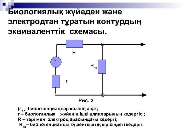 Биологиялық жүйеден және электродтан тұратын контурдың эквиваленттік схемасы. (εбп–биопотенциалдар көзінің э.қ.к;