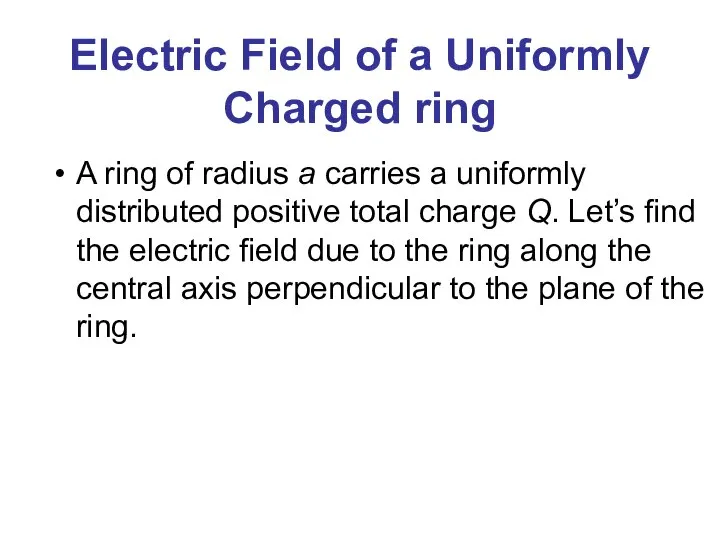 Electric Field of a Uniformly Charged ring A ring of radius