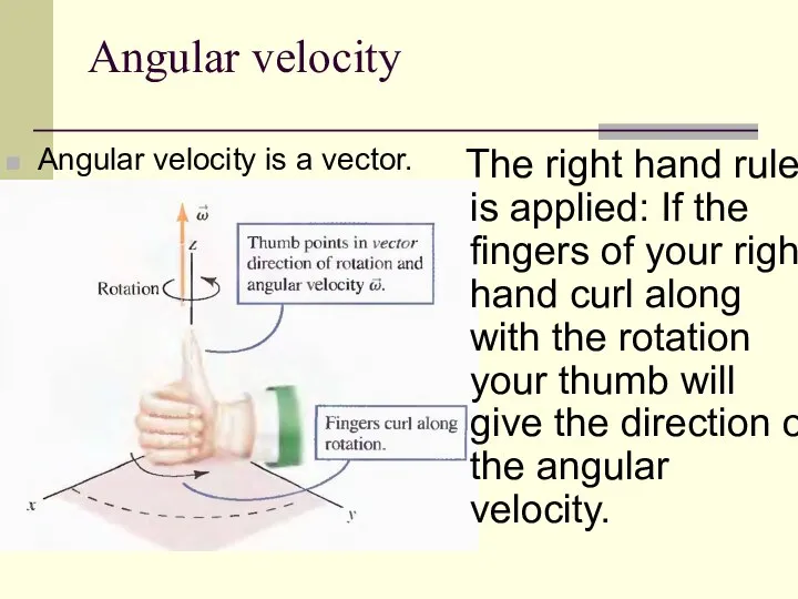 Angular velocity Angular velocity is a vector. The right hand rule